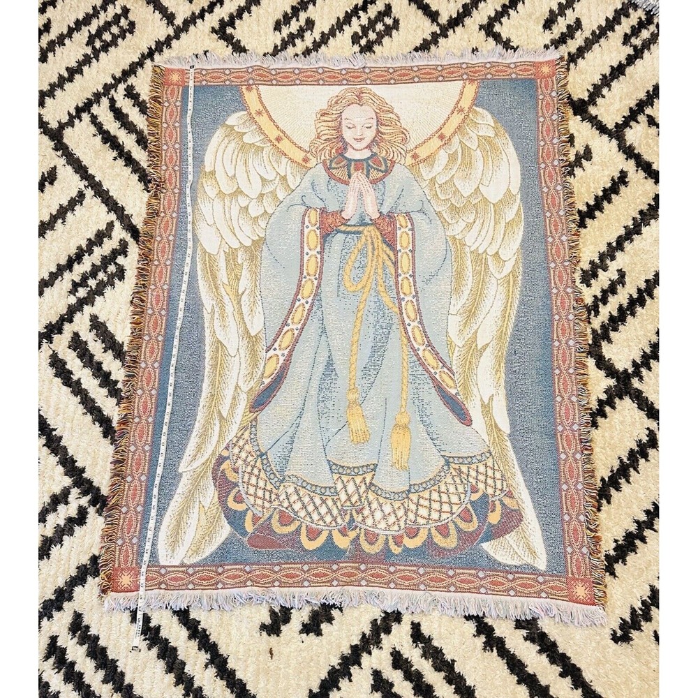 Angel Needlepoint Knit Blanket Handmade Christmas 44”x59” Throw Quilt